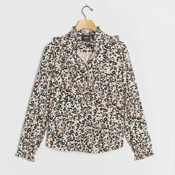 NWT Anthropologie Maeve Katia Leopard Print Ruffled Buttondown Top - Picture 1 of 7
